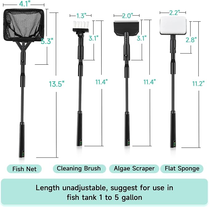 hygger Small Aquarium Cleaning Tools, 4 in 1 Fish Tank Cleaner Kit with Handle,Fish Net,Algae Scraper,Clean Brush,Flat Sponge