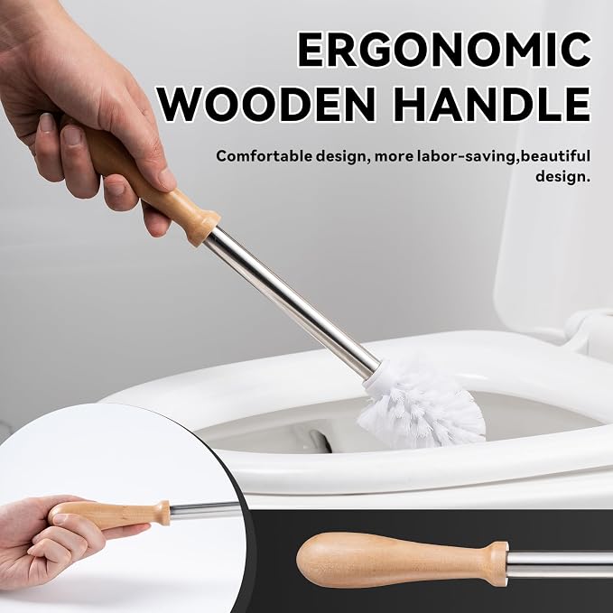 Modern Toilet Brush Set and Holder - Toilet Bowl Brush Ceramic Bathroom Accessories Set Decor, Cleaner Brush Kit with Detachable Brush Head & Natural Wood Handle (Ivory White)