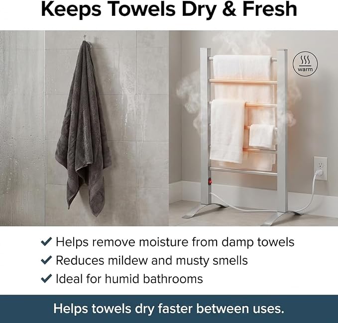 Pursonic TW300 Towel Warmer Rack for Bathroom – 6-Bar Electric Heated Towel Rack, Wall Mounted or Freestanding Setup, Plug-In Towel Dryer, Minimal Assembly Chrome-Plated