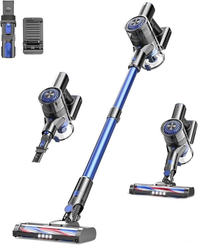 Cordless Vacuum Cleaner, 6 in 1 Lightweight Stick Vacuum with Rechargeable Battery, Handheld Conversion, LED Headlights & 180° Swivel Brush, for Hardwood Floor Carpet Pet Hair Stairs Car(Blue)