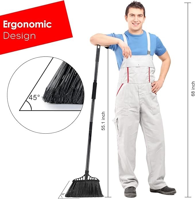 Tiumso Outdoor Broom for Floor Cleaning, Heavy Duty Brooms with 55" Long Handle, Angle Brooms for Concrete Courtyard Home Patio Kitchen Shop Lobby Patio Lawn - Black
