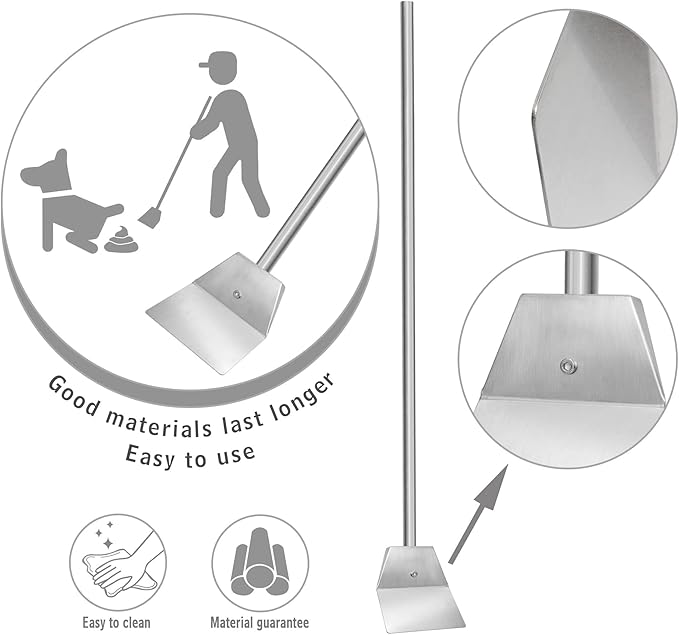 Stainless Steel Pooper Scoopers Set,33.4 ‘’ Dustpan and Spade Poop Scoop Set for Indoor Outdoor Cleaning Easy Wash,Extremely Durable Upright Standing Garbage Shovel for Pet Waste Cleanup