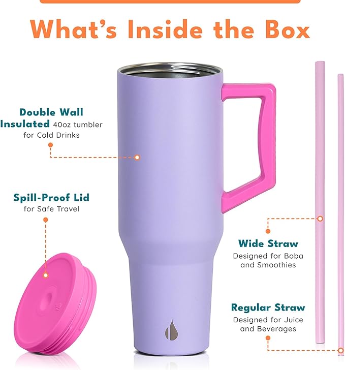 Elemental 40 oz Tumbler with Handle and Straw - Spill Proof Insulated Stainless Steel Commuter for Cold Beverages - Travel Coffee Mug with 2 Straws & Spill Proof Lid - 40oz - Lilac Tie Dye