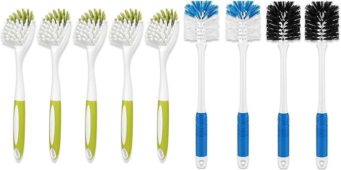 Dish & Bottle Brush Set – 9 Pack Kitchen Cleaning Brushes for Dishes, Bottles, Pots, Pans, Sinks & Glassware