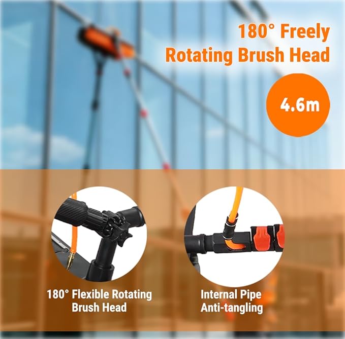 2-in-1 Cleaning Brush - 21.65" Extra-Wide Head with 4 Jets, Telescoping 15FT Water-Fed Pole with On-Hose Soap Dispenser