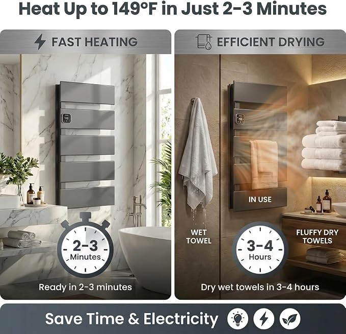L Series Electric Towel Warmer for Bathroom, 5 Panel, Gun Gray | Thermo Control and Timer, Fast Heat in 3 Mins, Dry Towels in 4 hrs, Memory Function, Work with Smart Plug, Left-Wiring
