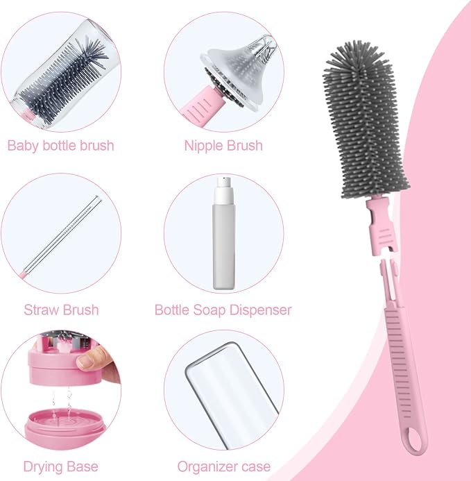 Travel Baby Bottle Brush Set with Extendable Silicone Bottle Brush，Nipple Brush,Staw Brush,Baby Bottle Soap Dispenser,Gift for Newborn Mothers, Suitable for Travel and Home(Peach Pink)