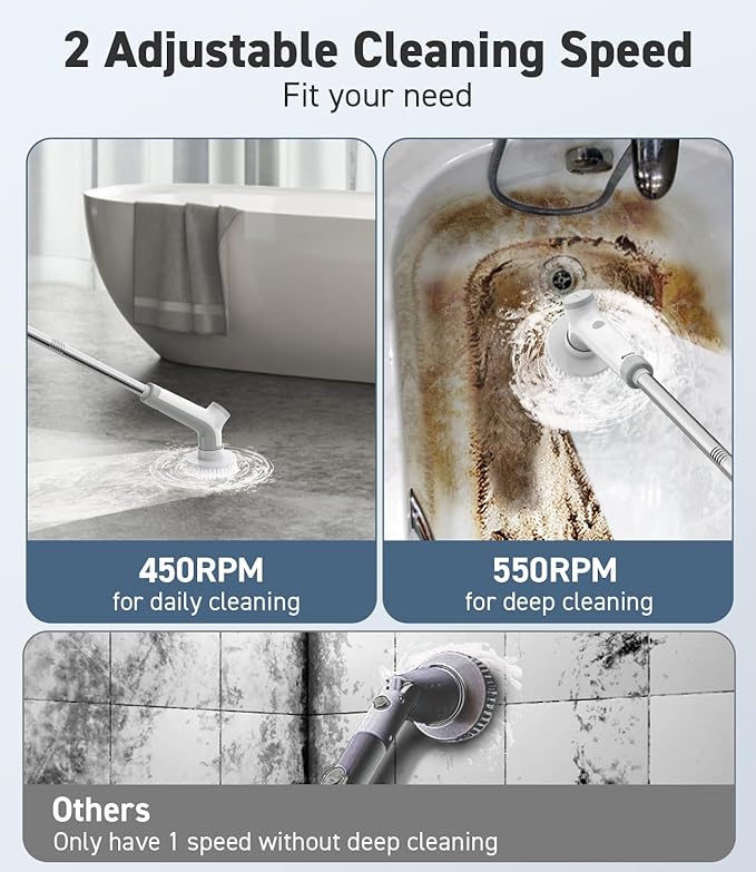 VEWIOR Electric Spin Scrubber with 3 Replacement Brushes, Cordless Shower Scrubber with Adjustable Handle and Power Dual Speed for Bathroom Tub Tile Grout