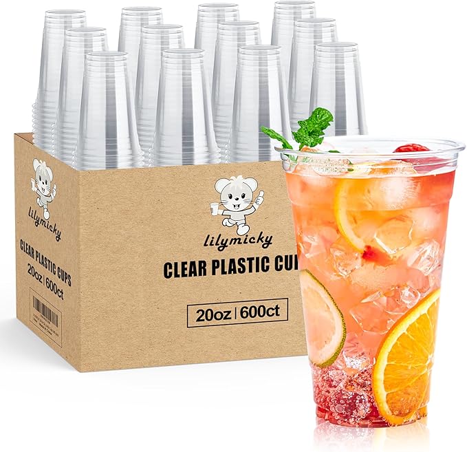 Lilymicky 600 Pack 20 oz Clear Plastic Cups, PET Disposable Drinking Cups, Crystal Clear, Perfect for Ice Coffee, Smoothie, Soda, or Any Cold Drinks