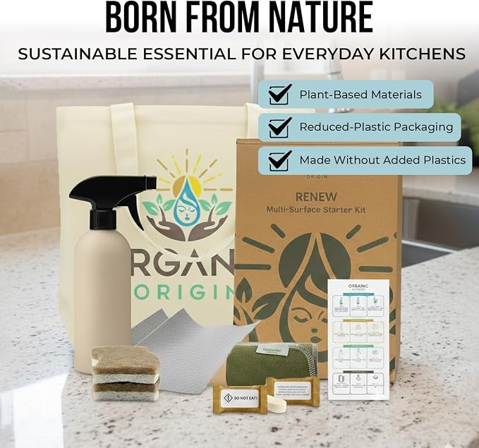 Organic Origin Kitchen Cleaning Supplies Kit - 14 Piece Set with Reusable Paper Towels, Plant-Based Sponges, Swedish Dishcloths, Dish Towels, Cleaner Tablets & Spray Bottle Cleaning Essentials