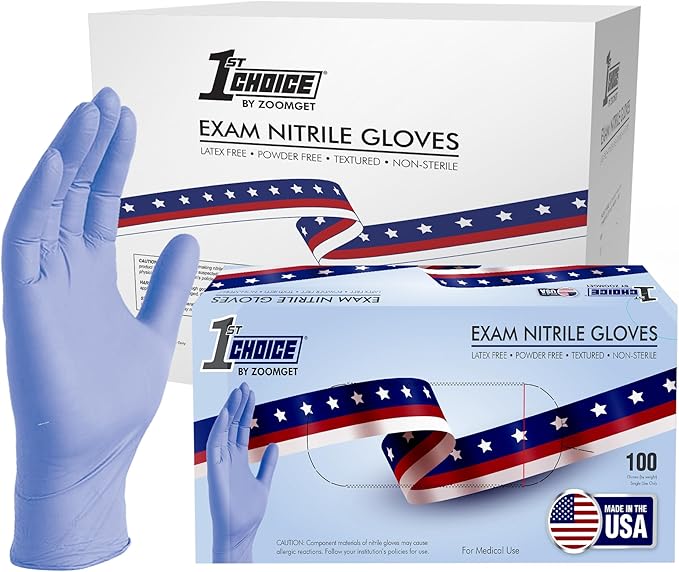 1st Choice 3 Mil Indigo Blue Nitrile Disposable Exam Gloves Made in USA, TAA Compliant Latex Free Medical Grade Cleaning S-XL