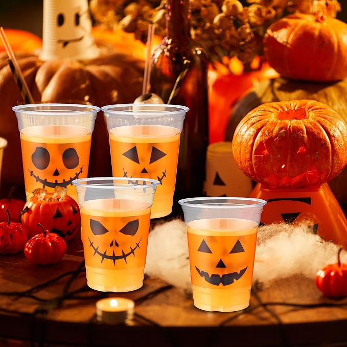 Bokon 100 Pcs Halloween 12 oz Plastic Cups Pumpkin Design Disposable Cocktail Glasses Happy Halloween Cute Disposable Cups for Coffee Juice Hot Cold Drinks Party Supplies 4 Styles