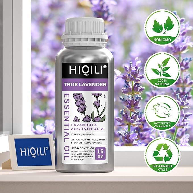 HIQILI Lavender Essential Oil Large Capacity, 100% Natural for Aromatherapy, DIY Candle & Soap Making, Skin Moisturizing. Suitable for Hotels, DIY Studios, Spas and Hair Salons - 500ml/16 fl oz
