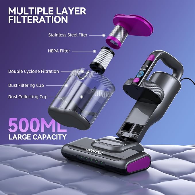 Mattress Vacuum Cleaner, 20Kpa Suction Bed Vacuum Cleaner with 253.7nm UV-C Light, 140°F Heated Air, 30000 RPM Brushroll, 40,000Hz Ultrasonic, HEPA Filter, for Bed, Sofa, 500W Corded(Dark Gray)