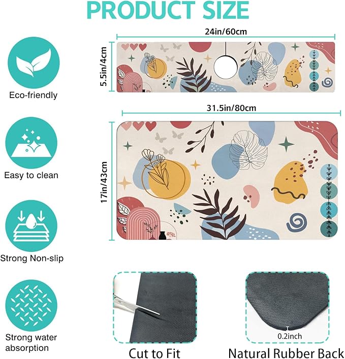 Dish Drying Mat for Kitchen Counter Matt, 2PCS 31.5"x17" Dish Drainer Mat & 24"x5.5" Sink Splash Guard, Super Absorbent Non-slip Rubber Backed