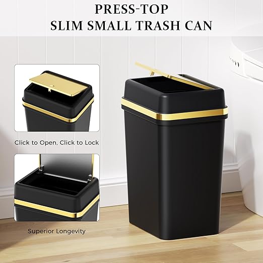 3 Pack Bathroom Trash Can with Lid 4 Gallon Small Trash Can with Press Top Lid Black and Gold Bathroom Garbage Can with 150 Counts Trash Bags for Kitchen Bedroom Office