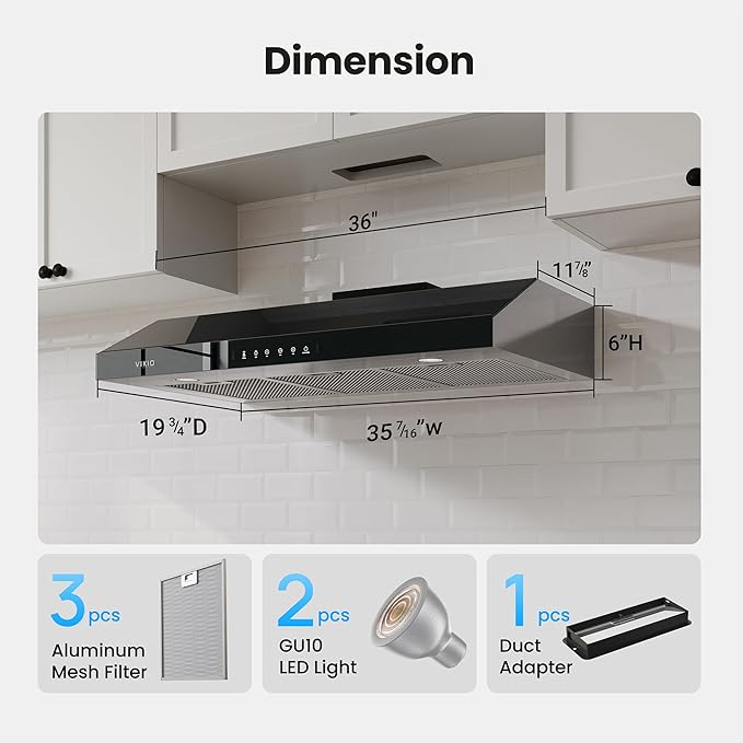 VIKIO HOME 30 Inch Under Cabinet Range Hood 900 CFM, Dual Motor Powerful Kitchen Vent Hood, Gesture & Touch Control, Ultra Quiet DC Motor, Dishwasher-Safe Filters, LED Lights, Glass Black