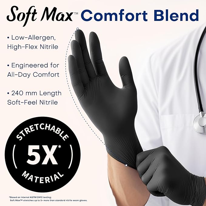 Supmedic Medical Soft Max™ Nitrile Exam Gloves, 1000Pcs Latex-Free Powder-Free Food Safe Clean Cooking Disposable Glove Black