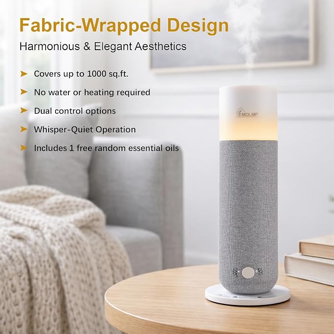 Hotel Collection Diffuser Machine,Fabric-Wrapped Design,Candlelight Atmosphere Lamp,Whisper-Quiet,1000 Sq Ft,Scent Waterless Essential Oil Diffuser,Scent Air Machine Home - Grey