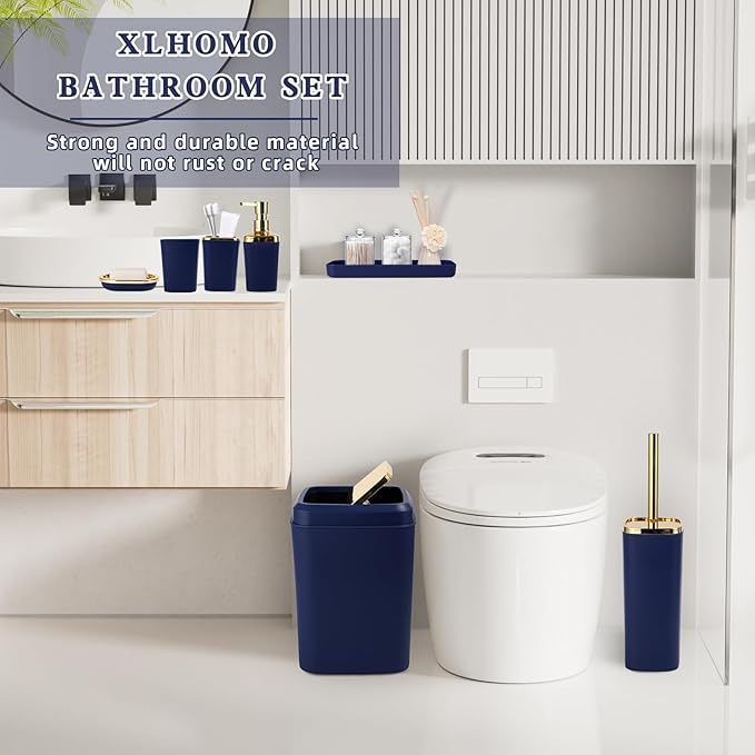 XLHOMO Navy Blue Bathroom Accessories Set, Blue and Gold Bathroom Accessories with Trash Can, Soap Dispenser, Soap Dish, Toothbrush Holder and Q-tip Holders