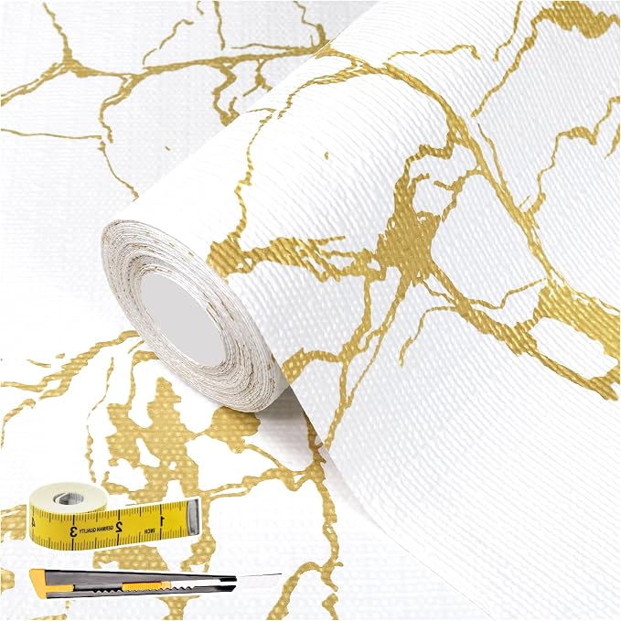 Drawer and Shelf Liner for Kitchen Cabinet Non Slip Waterproof Shelf Paper 12 in X 30 Ft Non Adhesive Refrigerator Liners Gold White Marble Easy Liners for Bathroom Cupboard