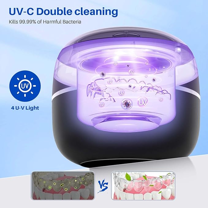 Voraiya Ultrasonic Cleaner Machine with LED Display for Invisalign, 45-52kHZ 200ml Dental Cleaning Pod Retainer Cleaner Aligner Cleaning Ultra Sonic for Mouth Guards Night Guards Dentures