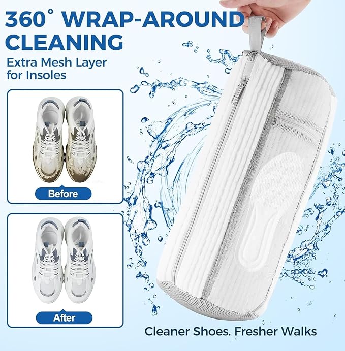 Shoe Washing Machine Bag 2 Pack, Laundry Shoe Bags with Insole Pocket, Reusable Shoe Cleaning Bags for Washer and Dryer, Protective 360° Deep Clean for Sneakers Tennis All Shoes Types (White)