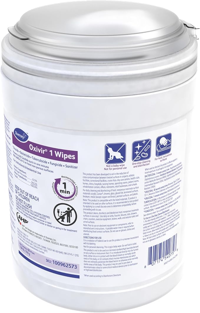 Oxivir Diversey 1 Disinfectant Wipes, AHP Hydrogen Peroxide Cleaner, Multi-Surface Cleaner for Home & Commercial Use, Large Wipes, 60 Count Canister, Case of 12