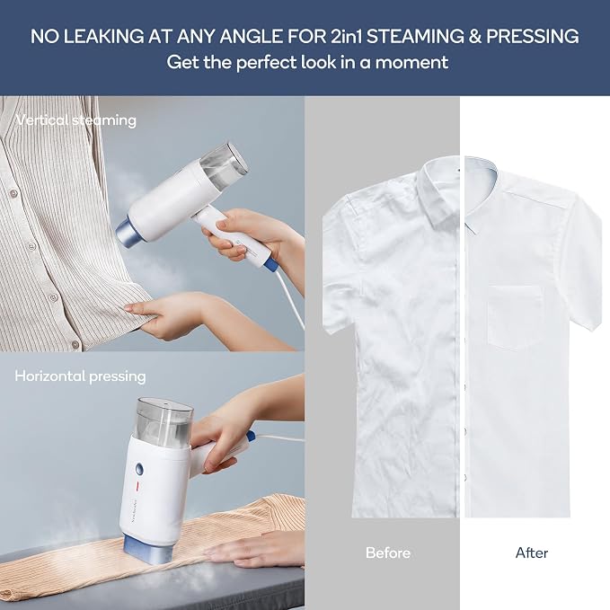 Newbealer Steamer for Clothes, 2 Steam Levels & Dry Iron, 120V Only (Blue) | Foldable & 20s Fast Heat, 360°Anti-Spill, 1200W 180ml Handheld Fabric Wrinkle Remover, 1.5 lbs Compact Size for Trip/Home