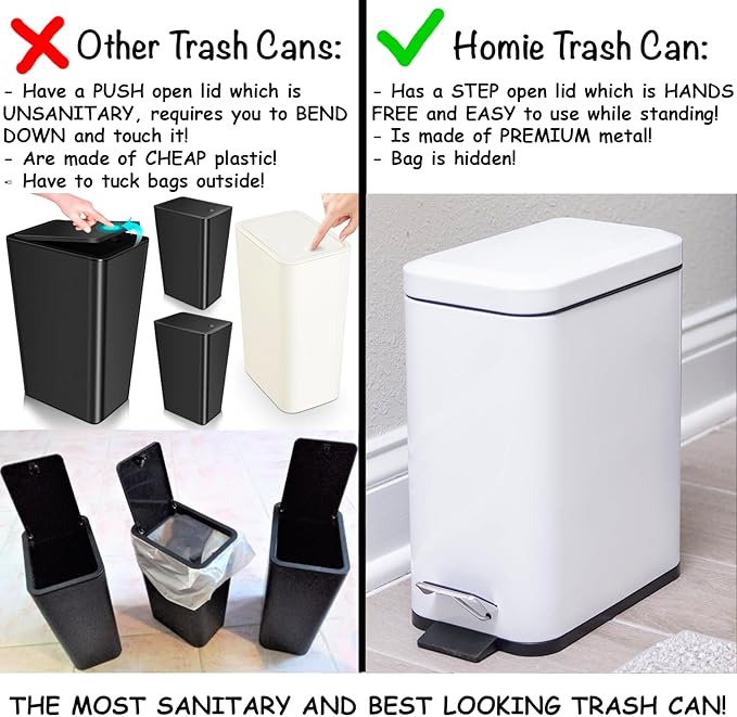 Homie Soft Close, Slim Trash Can 3.2 Gallon with Anti - Bag Slip Liner and Lid, Use as Mini Garbage Basket, Slim Dust Bin, or Decor in Bathroom, Restroom, Kitchen, or Bedroom (Shiny White)