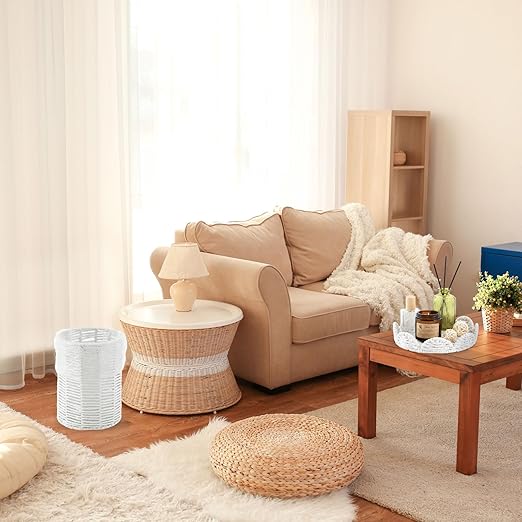 Ctosree 1.3 Gallons Small Wicker Trash Can with Lid Handle Woven Wicker Rattan Bathroom Waste Basket Boho Trash Basket with 100 Plastic Garbage Bags for Bedroom Office Laundry (Scalloped Style, White)