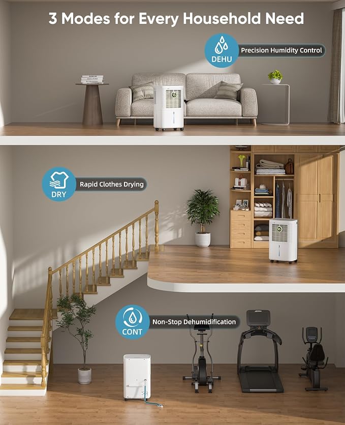 Dehumidifier for Basement & Large Room, Color Humidity Ring Light, Quiet for Home & Bedroom, Drain Hose Included, 3 Modes, Auto Humidity Control (Off-White, 2500 Sq.Ft)