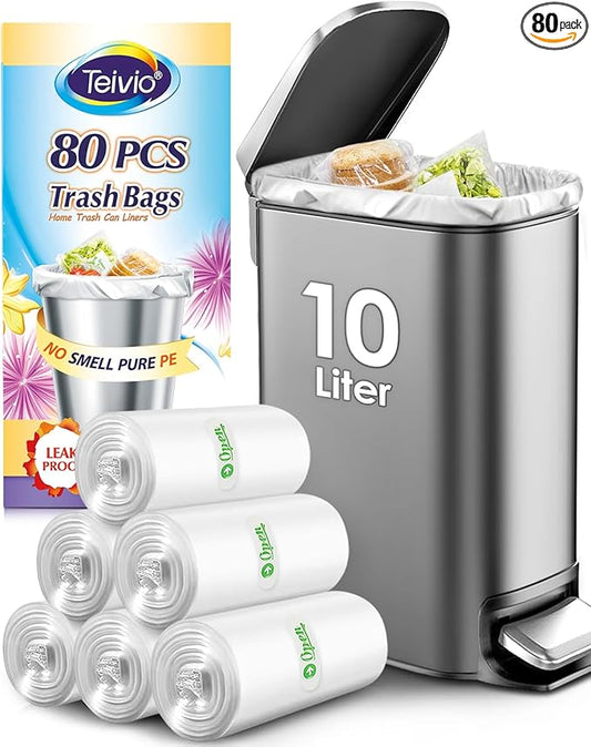 2.6 Gallon 80 Counts Strong Trash Bags Garbage Bags by Teivio, Bathroom Trash Can Bin Liners, Small Plastic Bags for Home Office Kitchen,fit 10 Liter, 2,2.5,3 Gal, Clear