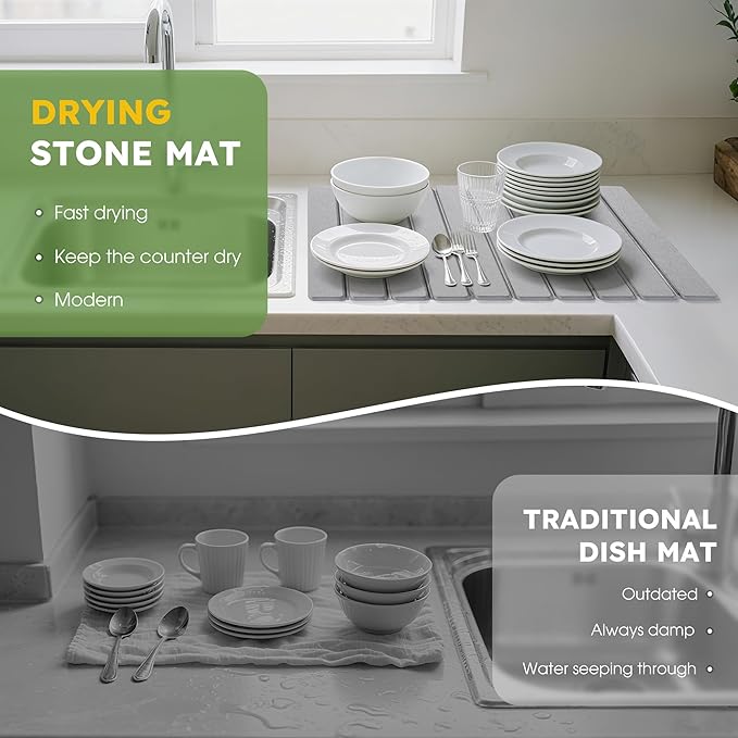 HABUTWAY Large Stone Dish Drying Mat for Kitchen Counter – 24"×16" Collapsible Diatomaceous Earth Mat, Ultra Absorbent & Quick Dry, Foldable Drying Pad for Dishes, Bottles, Cups (Light Grey)