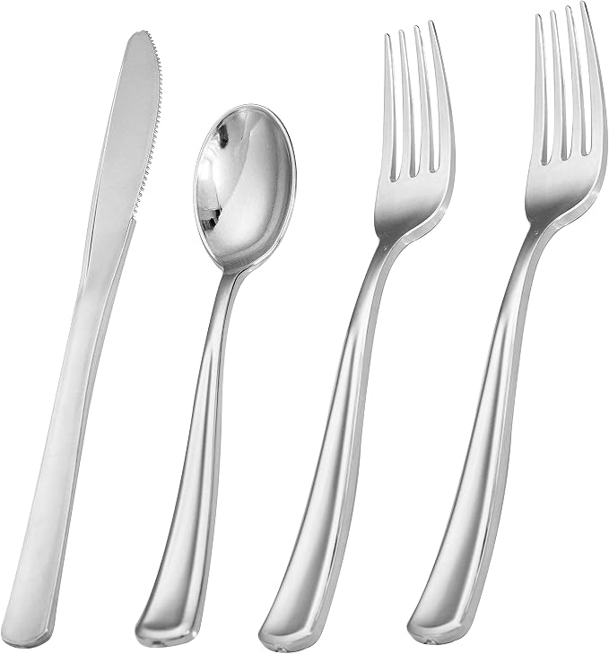 Liacere 200Pcs Silver Plastic Cutlery - Silver Plastic Silverware- Disposable Silverware - 100 Forks, 50 Spoons, 50 Knives Perfect for Wedding ＆ Party