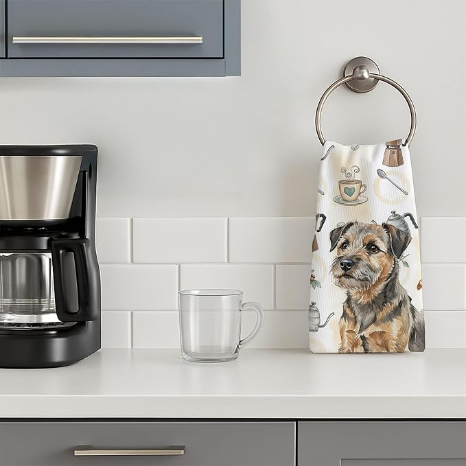 Caroline's Treasures Grizzle and Tan Border Terrier Coffee Bar Kitchen Towel Velour Plush Front and Cotton Loop Back Machine Washable