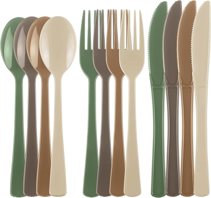Kochorie 300 Pieces Woodland Plastic Silverware, Disposable Plastic Utensils, Heavy Duty Cutlery Set Heavyweight Flatware Includes Spoons Forks Knives for Birthday Wedding Forest Party Supplies