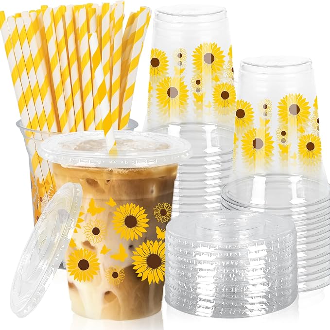 FYSUIMU 50Pcs 12Oz Sunflower Plastic Cup with Lid & Straw Yellow Floral Butterfly Clear Disposable Drinking Cup for Spring Summer Party Supplies