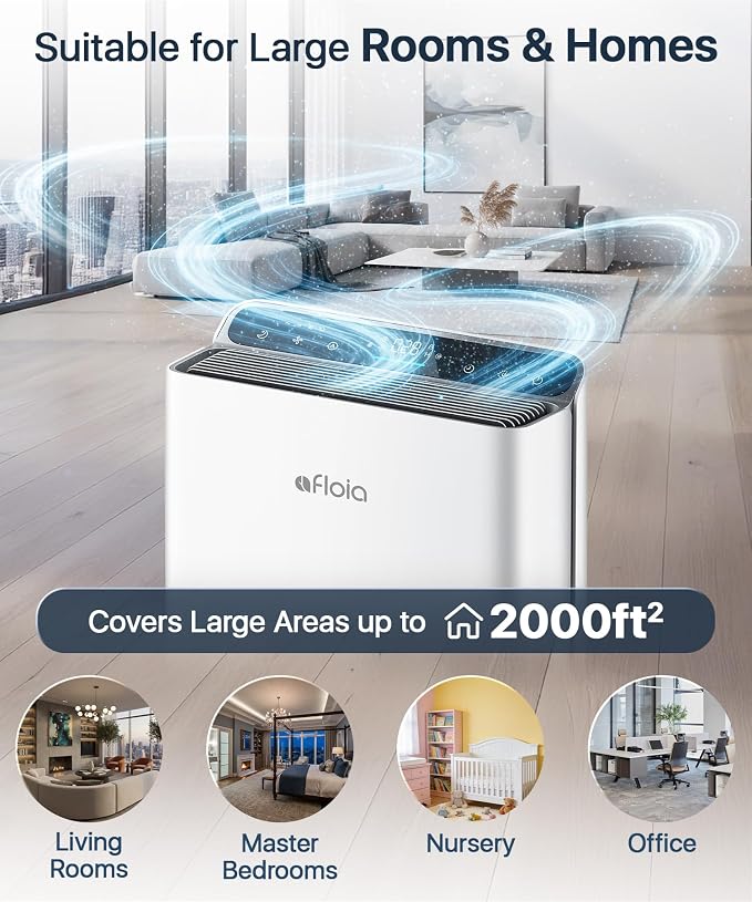 Afloia Air Purifier for Large Rooms Up to 2,000 Sq. Ft. with PM2.5 Display | Smart Auto Mode, 4-Stage Filter, Washable Pre-Filter, Ideal for Bedrooms, Helps Capture Pet Dander, Pollen, Dust, And Smoke