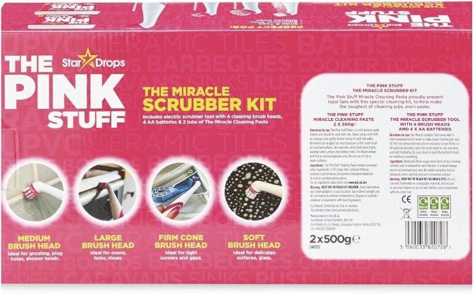 Britains Beauty The Miracle Scrubber Kit The Pink Stuff Star Drops 2 Cleaning Paste Electric Scrubber Kit With 4 Cleaning Brush Heads.
