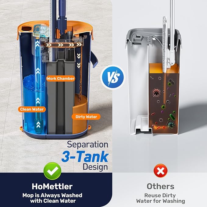 HoMettler Mop and Bucket Set with Wringer, 3-Tank Flat Mop and Bucket System, Wall Mop Cleaner with Long Handle, Hands Free Mops for Floor Cleaning with 4 Microfiber Pads