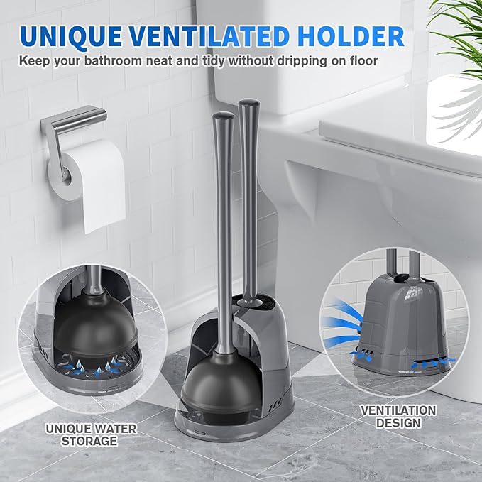 LOVLOY Toilet Plunger and Brush,2 Pack Bowl Brush and Heavy Duty Toilet Plunger Set with Ventilated Holder, 2-in-1 Toilet Brush and Plunger Combo for 5.3-inch Toilet DrainBathroom Cleaning
