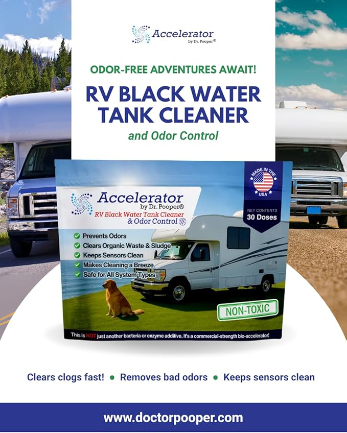 Accelerator by Dr. Pooper RV Black Water Tank Cleaner and Odor Control, Sludge and Waste Remover, Sensor Safe, Non-Toxic, 65 Doses with Scoop, Made in USA