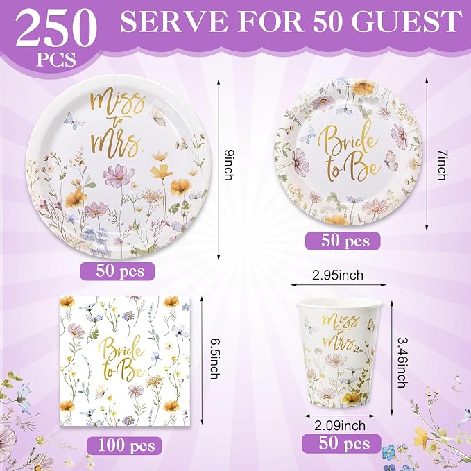 Pickmesh 250 Pcs Wildflower Bridal Shower Decorations Floral Miss to Mrs Plates and Napkins Sets Bride to Be Disposable Paper Tableware Set for Wedding, Engagement, Bachelorette Party, Serves 50