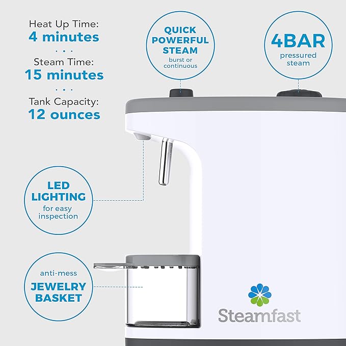 Steamfast SF-1000 JULE Steam Jewelry Cleaner, LED Lighting, Chemical Free, 15 Minute Run-Time, Included Cleaning Accessories, 12-Ounce Water Tank, Quick Heat-Up Time, White