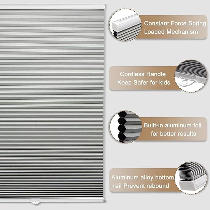 MYshade Cordless Blackout Cellular Shades, 1.5" Honeycomb Window Blinds for Bedroom & Nursery, Thermal Insulated, Noise Reducing, Privacy Shades, Inside or Outside Mount (23" W x 64" H, Grey)