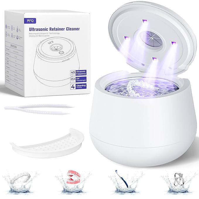 45kHz Ultrasonic Retainer Cleaner, 200ML Dental Cleaning Pod for Dentures, Mouth Guards, Braces, Aligner, Toothbrush Jewelry and More, UV Denture Cleaner with 4 Modes & Digital Timer - White