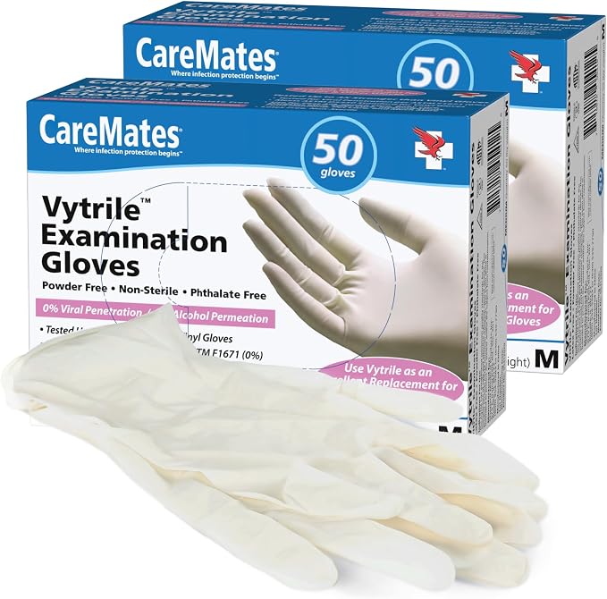 CareMates Vytrile Medical Exam Gloves, Latex Free Rubber, Powder Free, Extra Strong, 4 Mil Thick, Certified for Home Infusion, First Aid, Food Safe, Cleaning Gloves, Medium, 50 Count Pack of 2