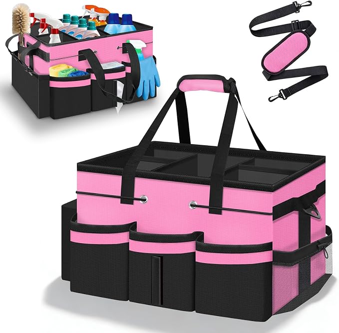 ZKOO Large Cleaning Caddy Bag with Handle, Portable Cleaning Supply Organizer Tote with Sturdy Support Board Adjustable Shoulder Strap, Multi-Compartment Storage for Housekeepers, Maids Cleaners, Pink