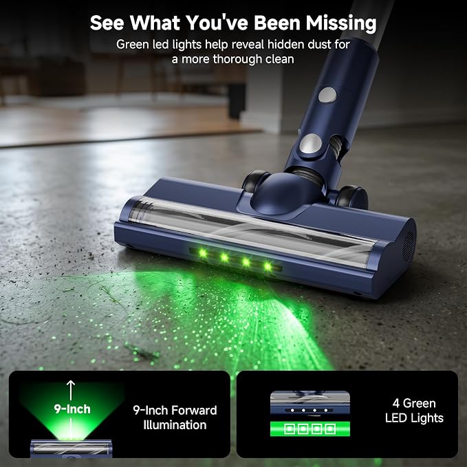 Cordless Vacuum Cleaner: 30KPA Powerful Suction Stick Vacuum, Anti-Tangle | Portable 6-in-1 Rechargeable Vacuum, Green LED Light, Ideal for Pet Hair, Low-Pile Carpets & Hard Floors-Dark Blue